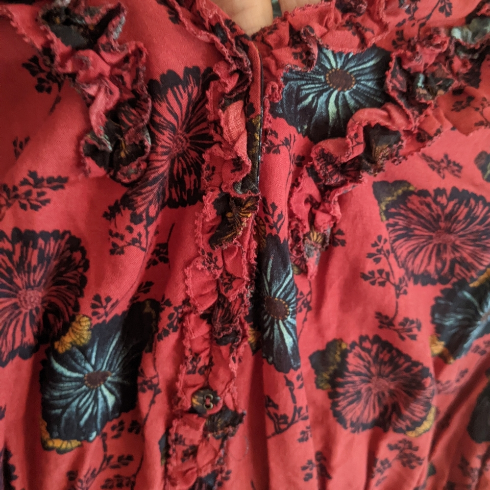 Ulla Johnson Red Floral Midi Dress with Black Accents - Picture 4 of 6